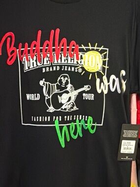 True Religion Black Graphic Tee with Neon Red, Yellow & Green Script